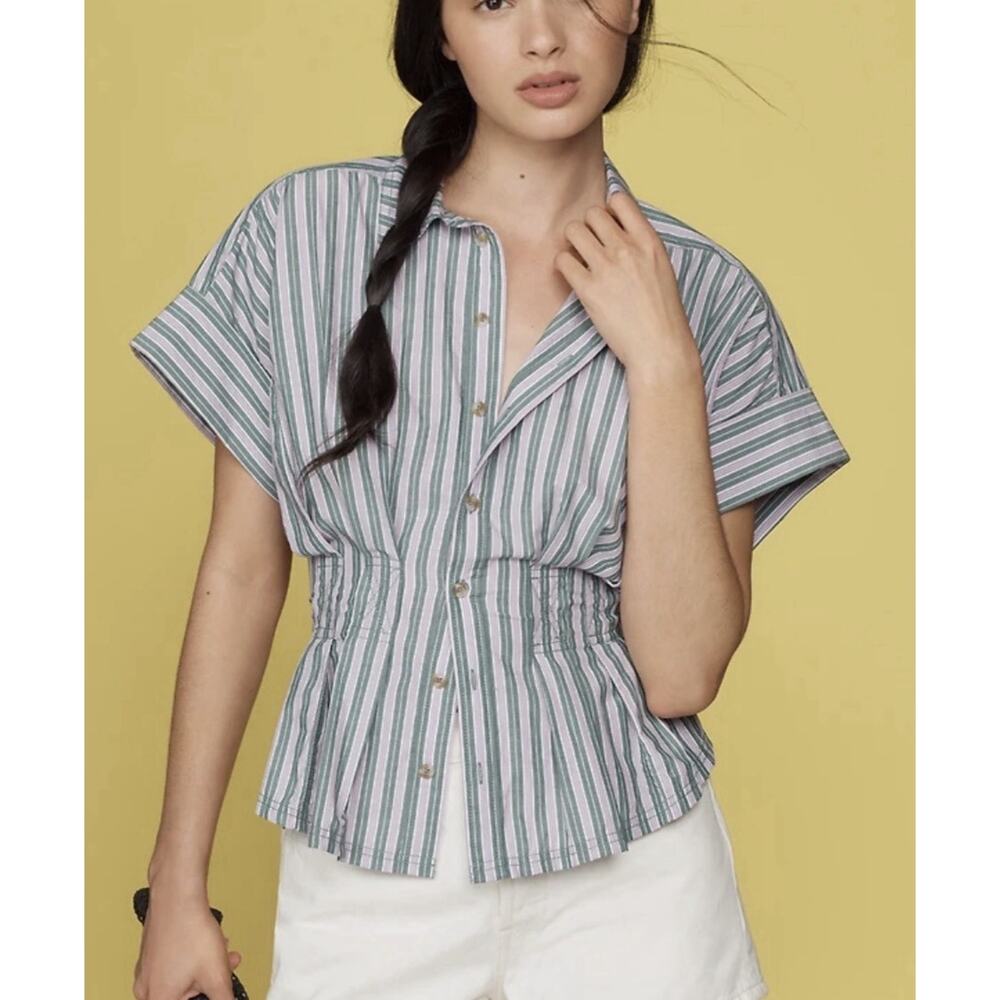 Anthropologie Pilcro The Bobbie Short-Sleeve Fitted-Waist Blouse Stripped Sz XLP